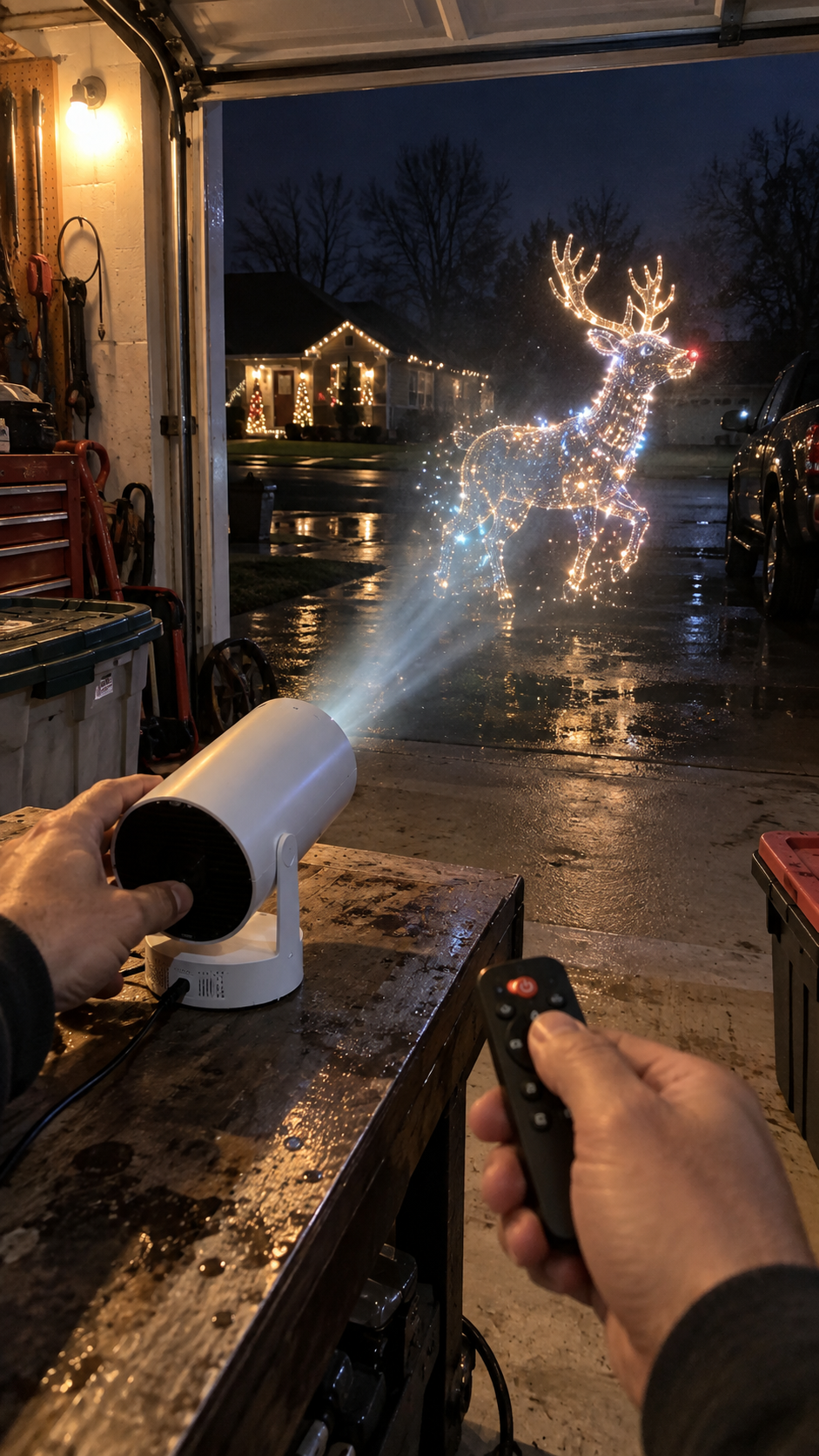 Pane Light Christmas projector creating a realistic 3D reindeer garage display