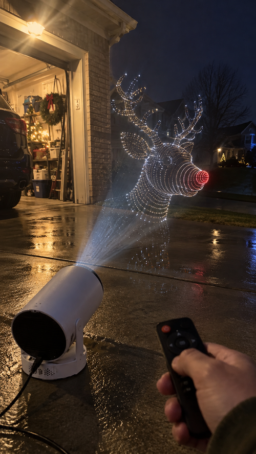 Pane Light Christmas projector creating a realistic 3D Rudolph driveway display