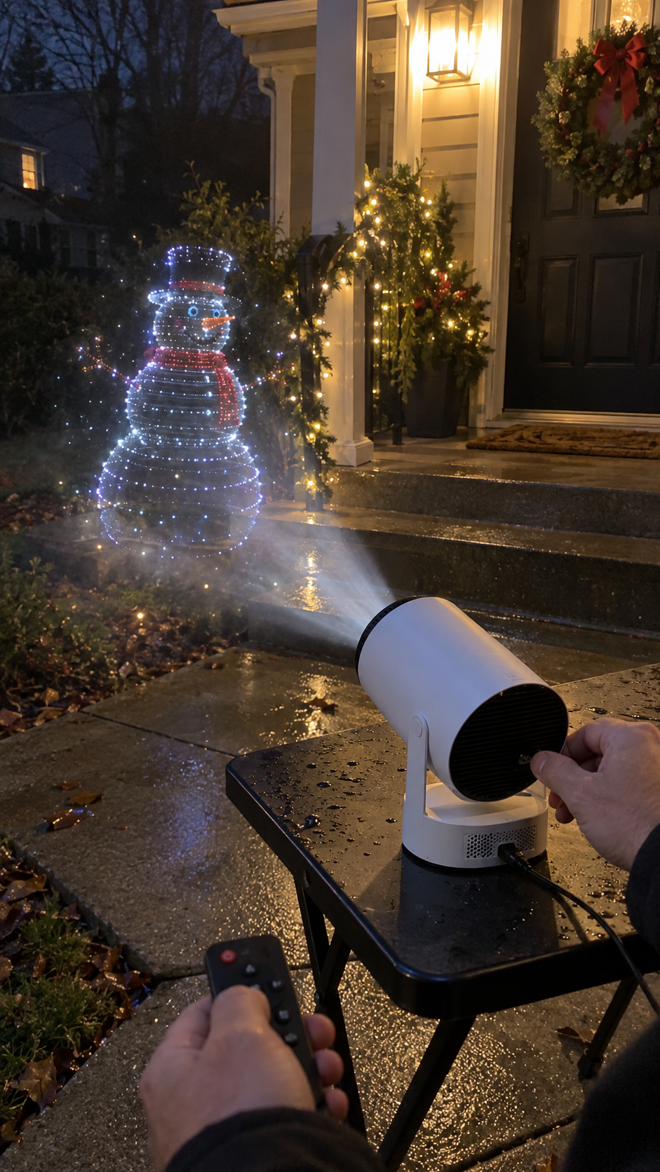 Pane Light Christmas projector creating a realistic 3D snowman porch display